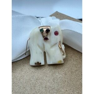 Vintage Carved White Elephant Pendant Ruby Emerald Sapphire Gemstone Gold Tone